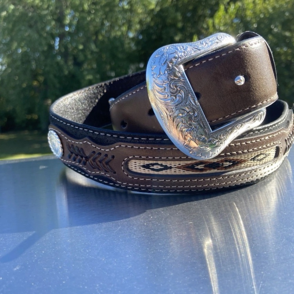 Nocona Belt Co.Brown Leather Western Belt with Silver Buckle - Picture 4 of 8